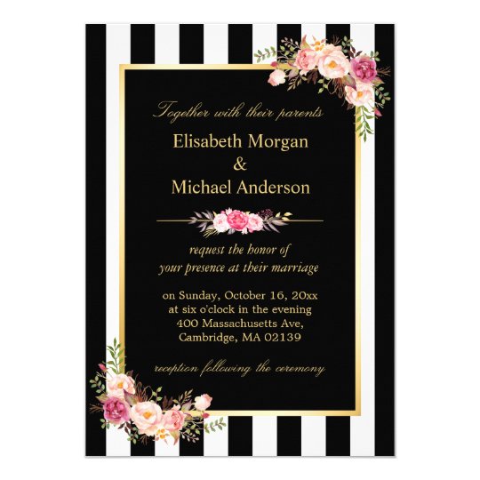 Elegant Black White Stripes Gold Floral Wedding Card