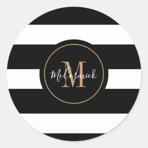Elegant Black White Stripes Gold Monogram Name Classic Round Sticker