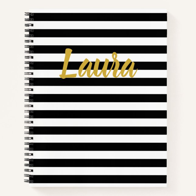 Elegant Black White Stripes Gold Script Name Notebook (Front)