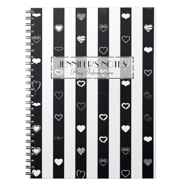 Elegant Black White Stripes Modern Heart Pattern Notebook (Front)