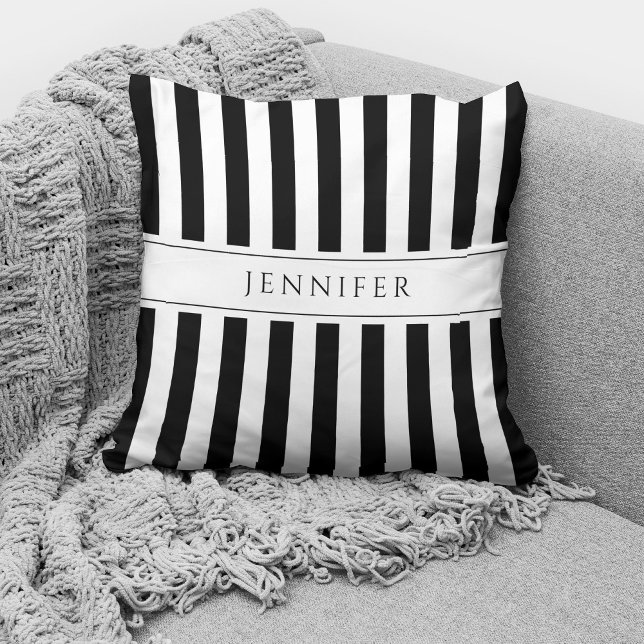 Elegant Black & White Stripes Pattern Name Throw Pillow (Creator Uploaded)