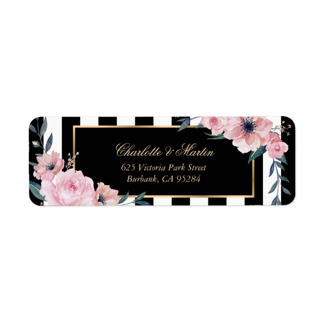 Elegant Black White Stripes Pink Floral Labels (Front)