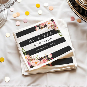 Elegant Black White Stripes Pink Floral Wedding Napkin
