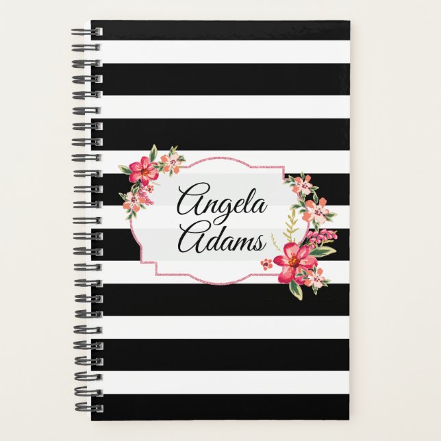 Elegant Black White Stripes Pink Glitter Frame Planner (Front)