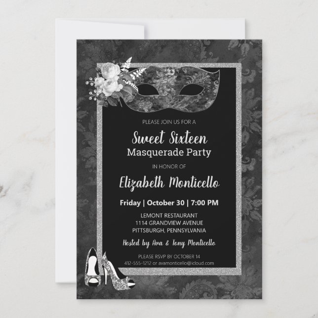 Elegant Black/White Sweet 16 Masquerade Party Invitation (Front)