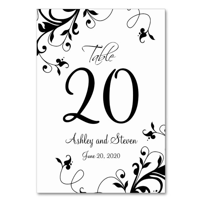 Elegant Black White Swirls Wedding Table Number (Front)