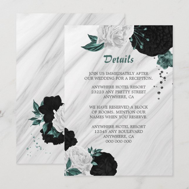 Elegant black white  & teal flowers details enclos enclosure card (Front/Back)