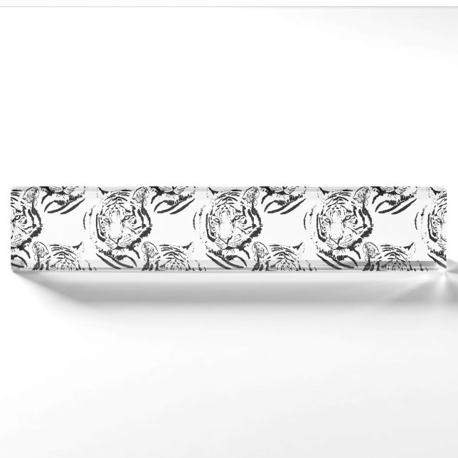 Elegant Black & White Tiger Head Print Design Nameplate (Front)
