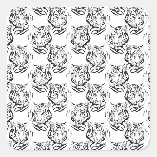 Elegant Black & White Tiger Head Print Design Square Sticker (Front)