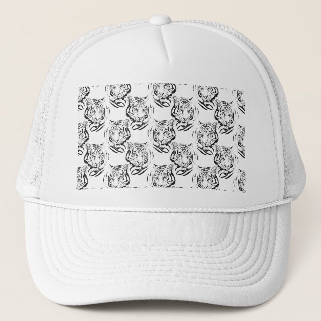 Elegant Black & White Tiger Head Print Design Trucker Hat (Front)