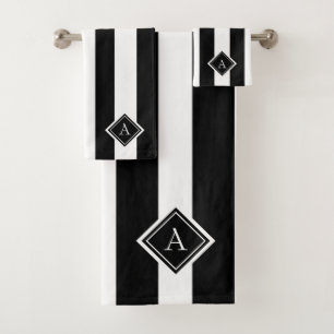 Elegant Black White Vertical Stripes Monogram Bath Towel Set