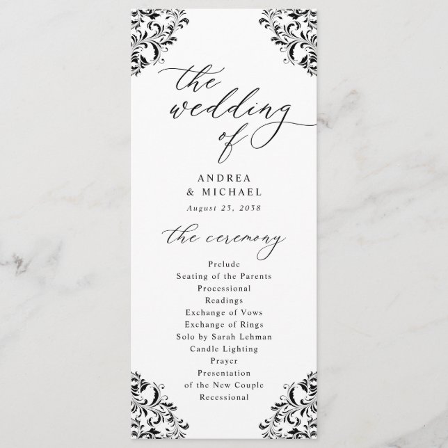 Elegant Black & White Vintage Classic Wedding Prog Program (Front)