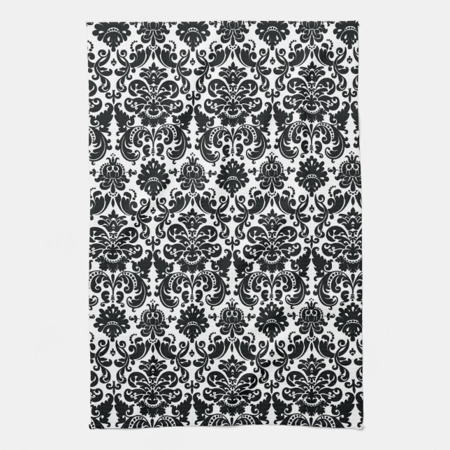 Elegant Black White Vintage Damask Pattern Kitchen Towel (Vertical)