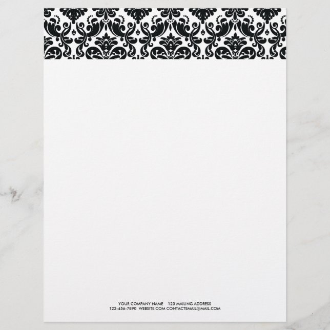 Elegant Black White Vintage Damask Pattern Letterhead (Front)