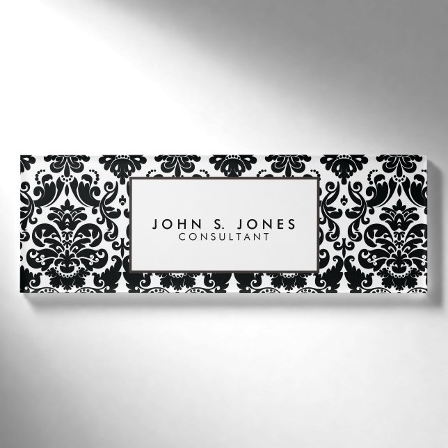 Elegant Black White Vintage Damask Pattern Name Tag (Front)