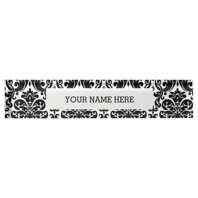 Elegant Black White Vintage Damask Pattern Nameplate (Front)