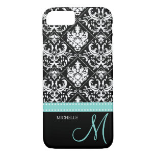 Elegant black & white vintage damask with monogram iPhone 8/7 case