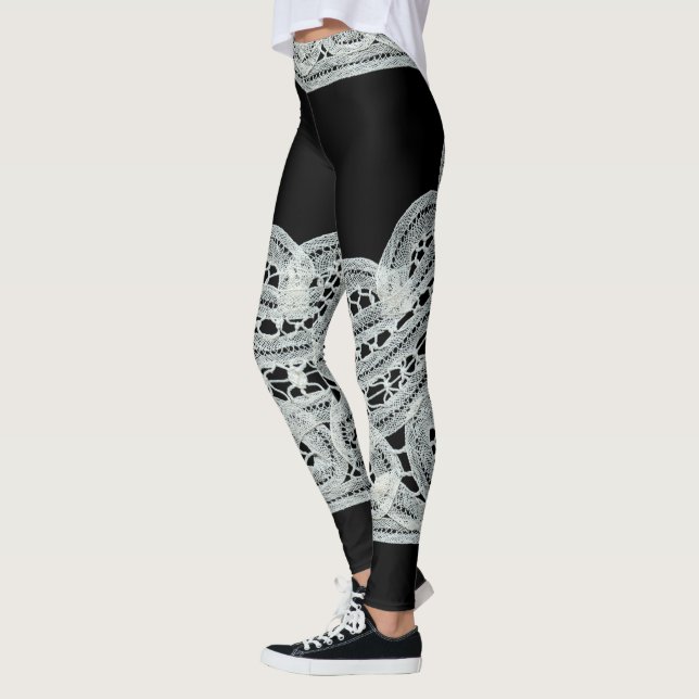 Elegant Black & White Vintage Floral Lace Leggings (Left)