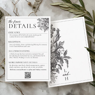 Elegant Black White Vintage Floral Wedding Details Enclosure Card