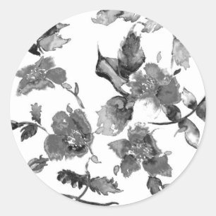 Elegant black white watercolor floral classic round sticker