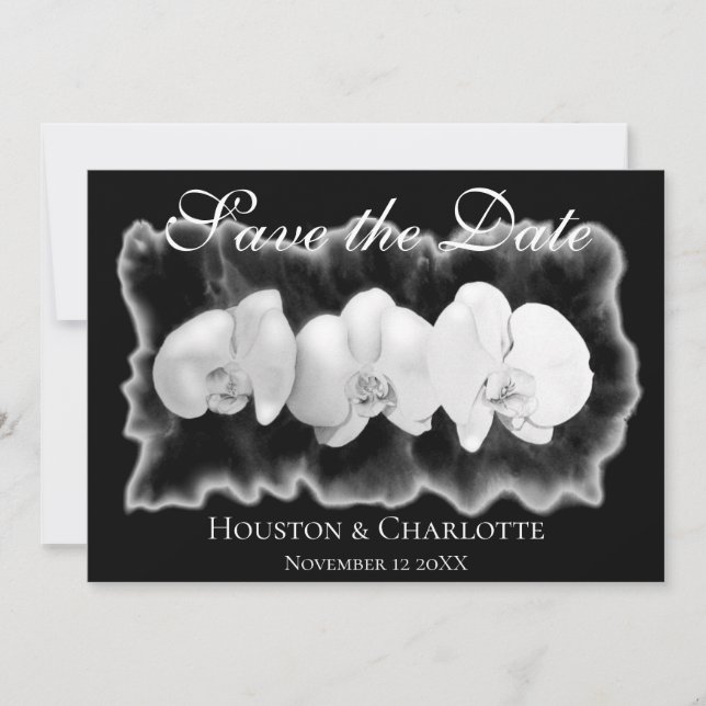 Elegant black white watercolor orchids invitation (Front)