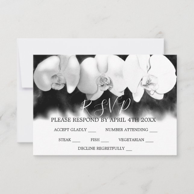 Elegant Black white watercolor orchids RSVP Card (Front)