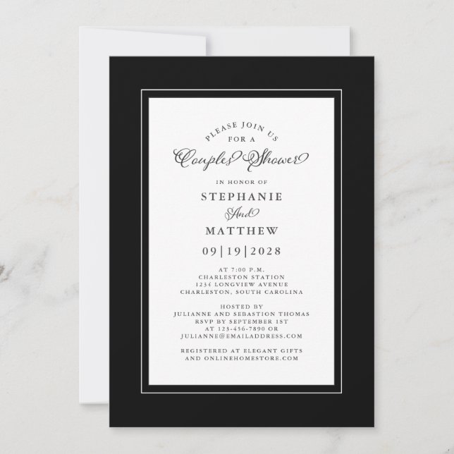 Elegant Black & White Wedding Couples Shower Invitation (Front)