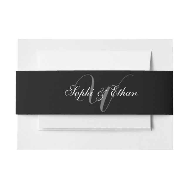 Elegant Black White Wedding Monogram Invitation Belly Band (Front Example)