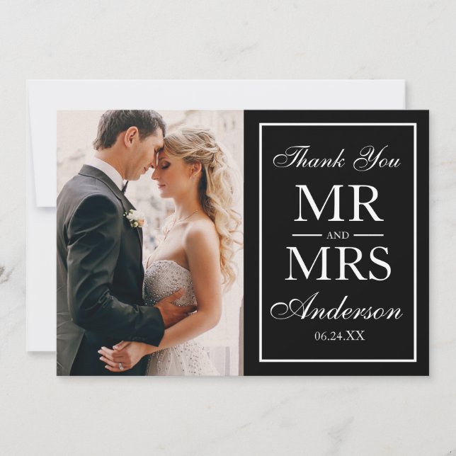 Elegant Black & White Wedding Photo Thank You GW (Front)