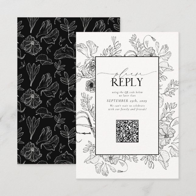 Elegant Black White Wedding QR Code Please Reply RSVP Card (Front/Back)