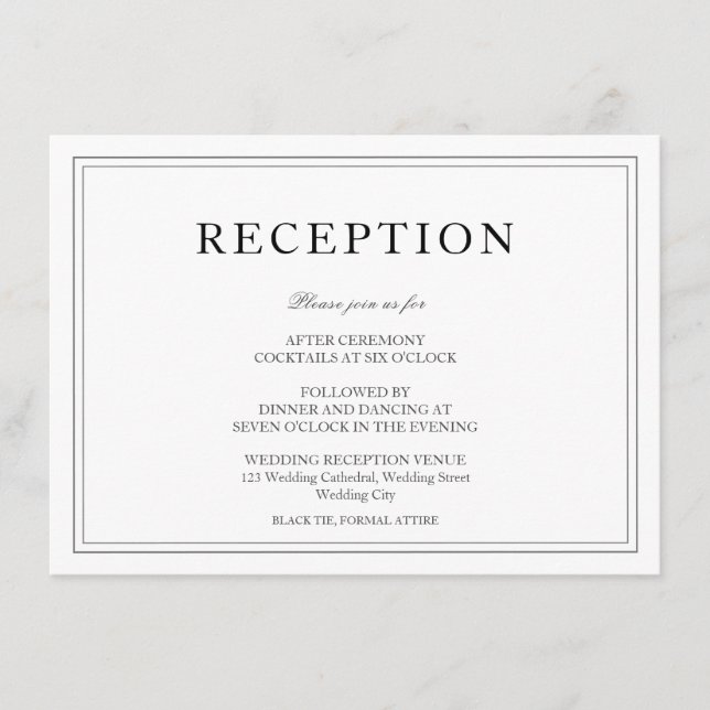 Elegant Black & White Wedding Reception Enclosure Card (Front)