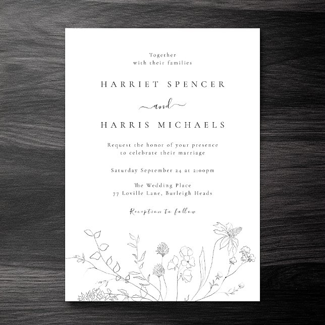 Elegant Black & White Wildflowers Modern Wedding Invitation (Creator Uploaded)