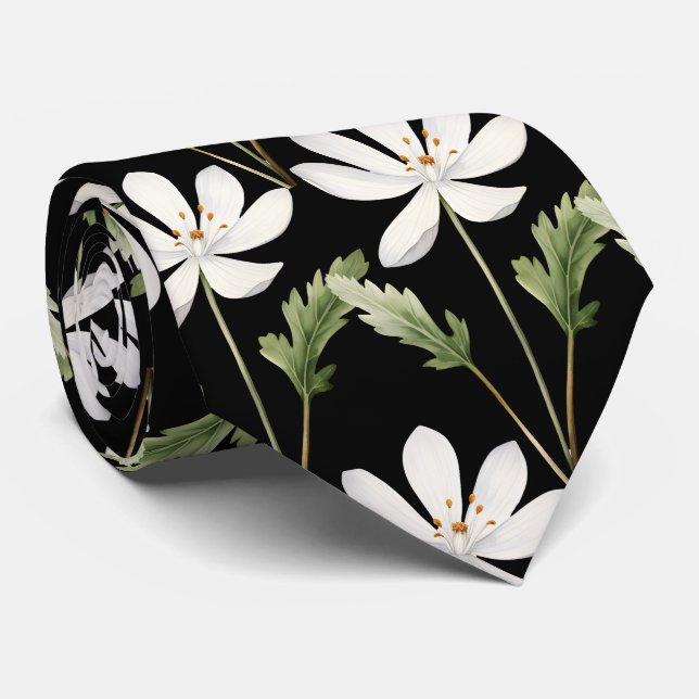 Elegant Black White Wildflowers Neck Tie (Rolled)