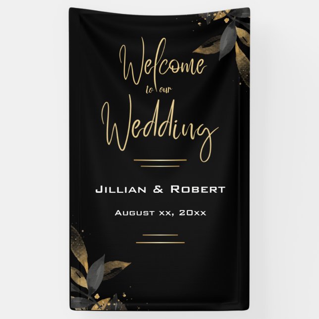 Elegant Black & White, With Gold Wedding Reception Banner (Vertical)