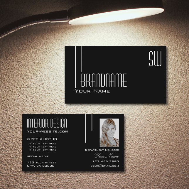 Elegant Black White with Monogram and Photo Modern Business Card (Creator Uploaded)