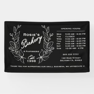 Elegant Black White Wreath Bakery Logo   Hours Ban Banner