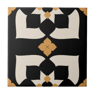 Elegant Black &White Yellow Abstract Floral  Tile