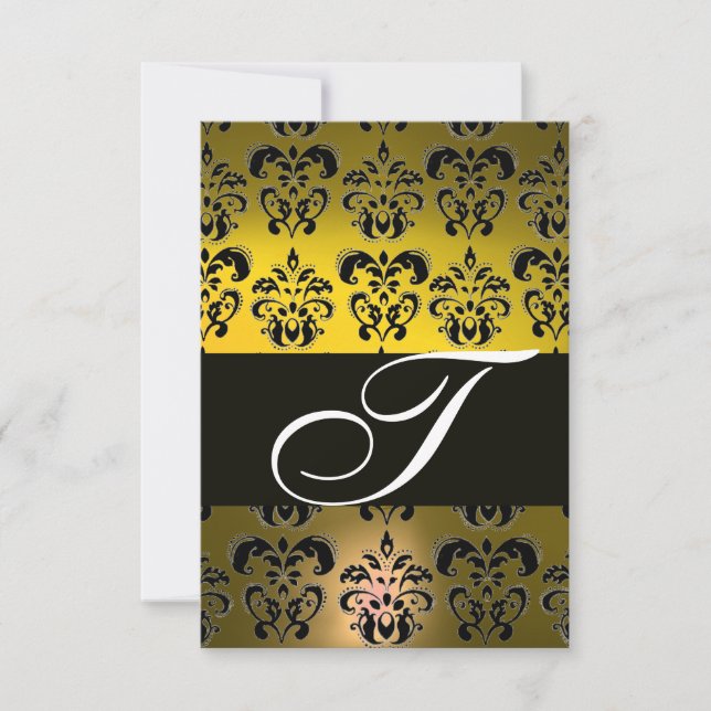 ELEGANT BLACK WHITE YELLOW DAMASK MONOGRAM RSVP (Front)