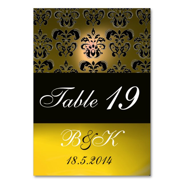 ELEGANT BLACK,WHITE YELLOW DAMASK MONOGRAM TABLE NUMBER (Front)