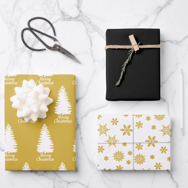 Elegant Black White & Yellow Merry Christmas Wrapping Paper Sheet (Front)