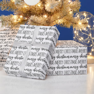 Elegant Black WhiteTypography Merry Christmas  Wrapping Paper