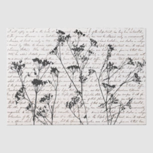 Elegant Black Wildflower Silhouettes Old Script Tissue Paper