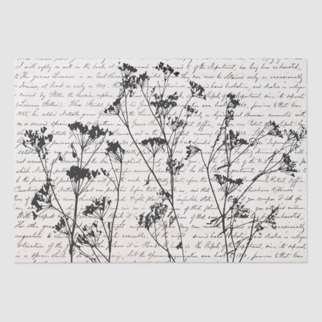 Elegant Black Wildflower Silhouettes Script Kraft Tissue Paper (Front)