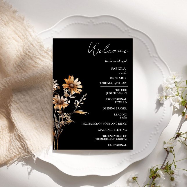 Elegant Black Wildflower Wedding Program Card (Creator Uploaded)