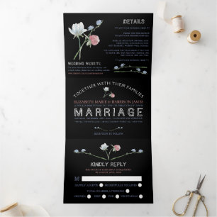 Elegant Black, Wildflower Wedding Suite Tri-Fold Invitation