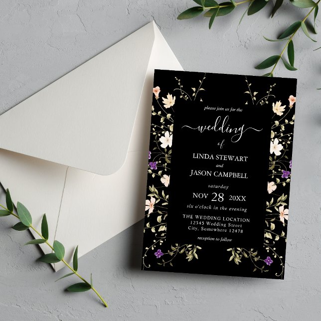 Elegant Black Wildflowers Floral Wedding Invitation (Creator Uploaded)