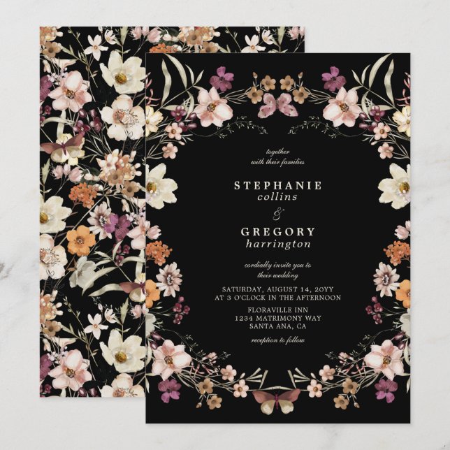 Elegant Black Wildflowers Wedding Invitation (Front/Back)