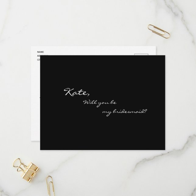 Elegant Black Will You Be My Bridesmaid Invitation Postcard (Front/Back In Situ)