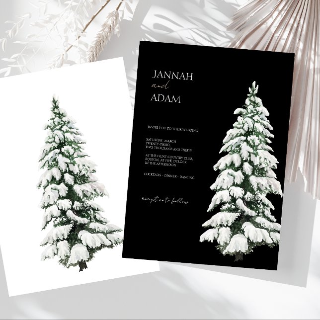 Elegant Black Winter Snowy Pine Wedding Invitation (Winter Black and White Snowy Pine Tree Wedding Invitation)