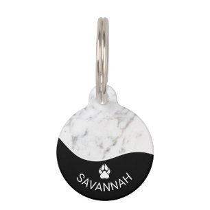 Elegant Black With Faux White Marble Texture & Paw Pet Tag
